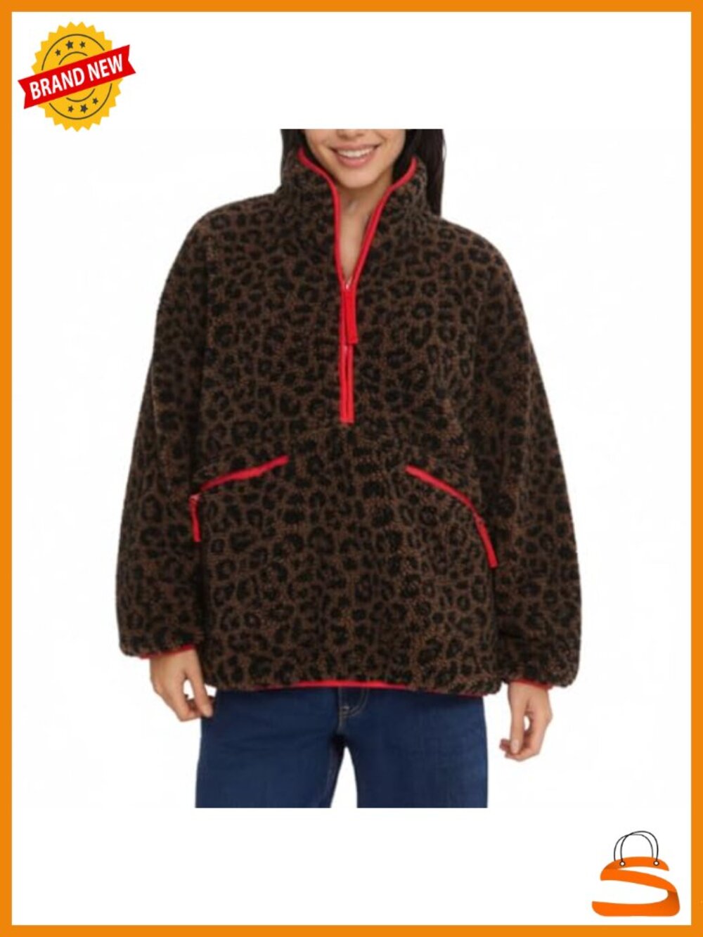 Sherpa Fleece Half-Zip Pullover Jacket Oversized Loose Fit Pockets